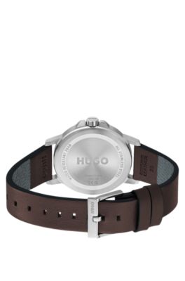 Olive-dial watch with brown leather strap, Dark Brown
