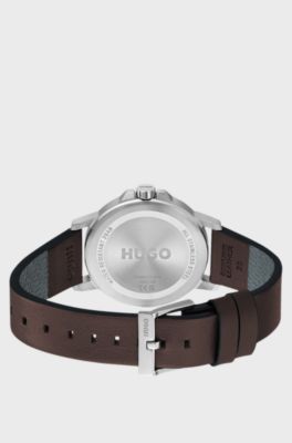Olive-dial watch with brown leather strap, Dark Brown