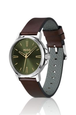 Olive-dial watch with brown leather strap, Dark Brown
