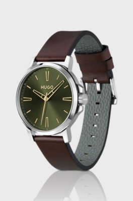 Olive-dial watch with brown leather strap, Dark Brown