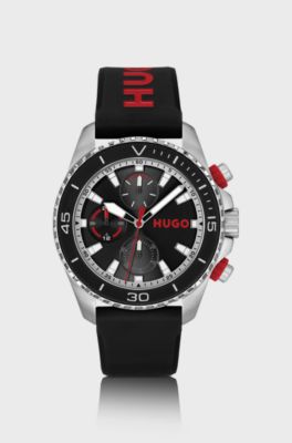 Black-dial watch with branded silicone strap, Black