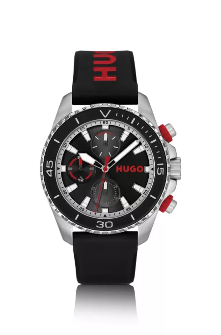 Black-dial watch with branded silicone strap