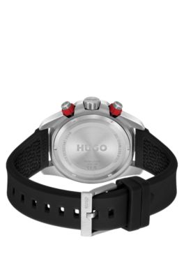 Black-dial watch with branded silicone strap, Black