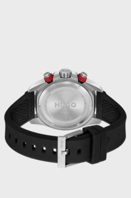 Black-dial watch with branded silicone strap, Black
