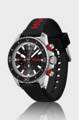Black-dial watch with branded silicone strap, Black