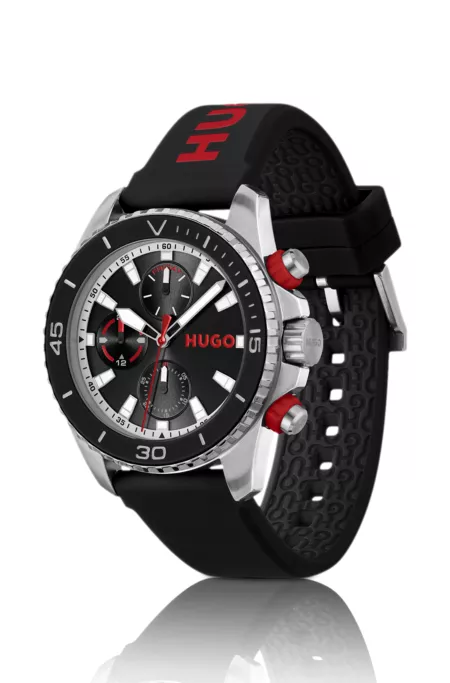 Black-dial watch with branded silicone strap