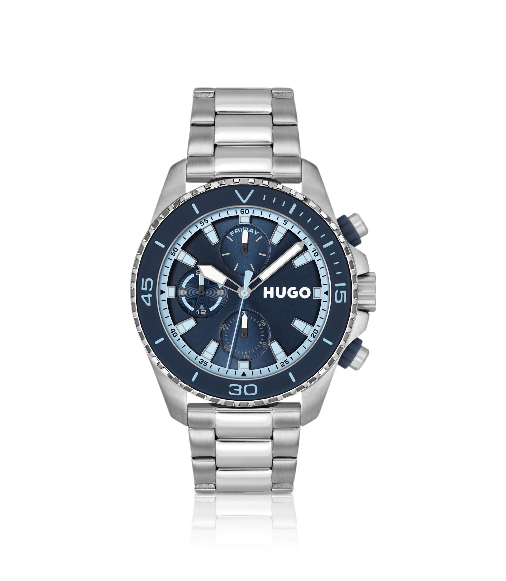 Uhr mit Gliederarmband und blauem Zifferblatt