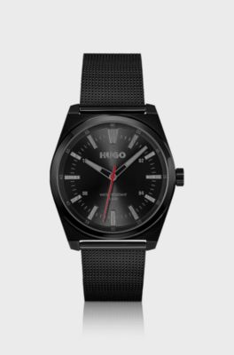 Black-plated watch with tonal mesh bracelet, Black