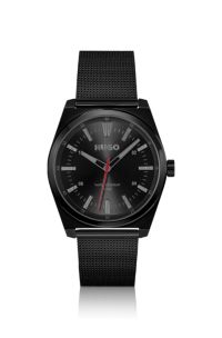 Black-plated watch with tonal mesh bracelet, Black