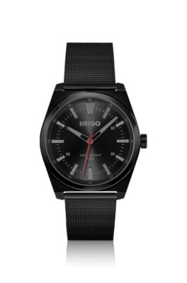 Black-plated watch with tonal mesh bracelet