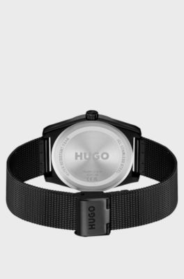 Black-plated watch with tonal mesh bracelet, Black
