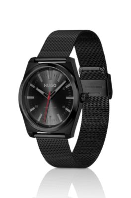 Black-plated watch with tonal mesh bracelet, Black
