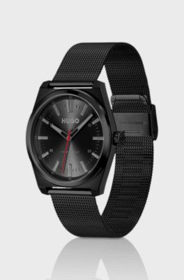 Black-plated watch with tonal mesh bracelet, Black