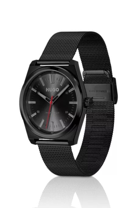 Black-plated watch with tonal mesh bracelet