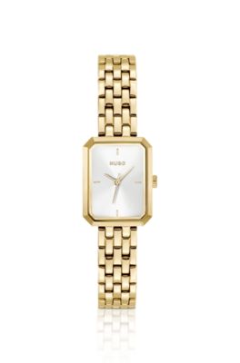 Rectangular gold-tone watch with white dial, Gold tone