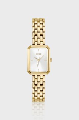 Rectangular gold-tone watch with white dial, Gold tone
