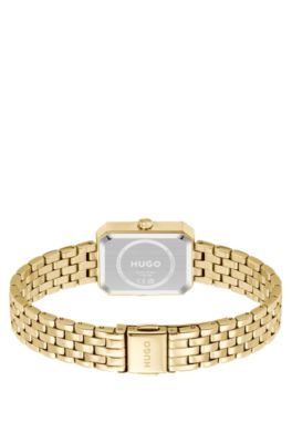 Rectangular gold-tone watch with white dial, Gold tone