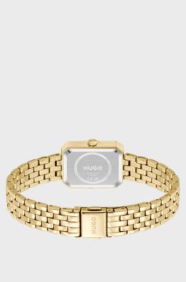 Rectangular gold-tone watch with white dial, Gold tone