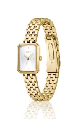 Rectangular gold-tone watch with white dial, Gold tone