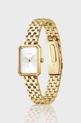 Rectangular gold-tone watch with white dial, Gold tone