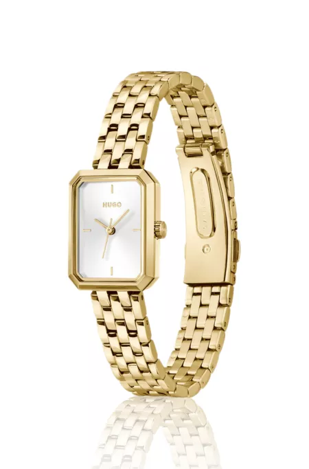 Rectangular gold-tone watch with white dial