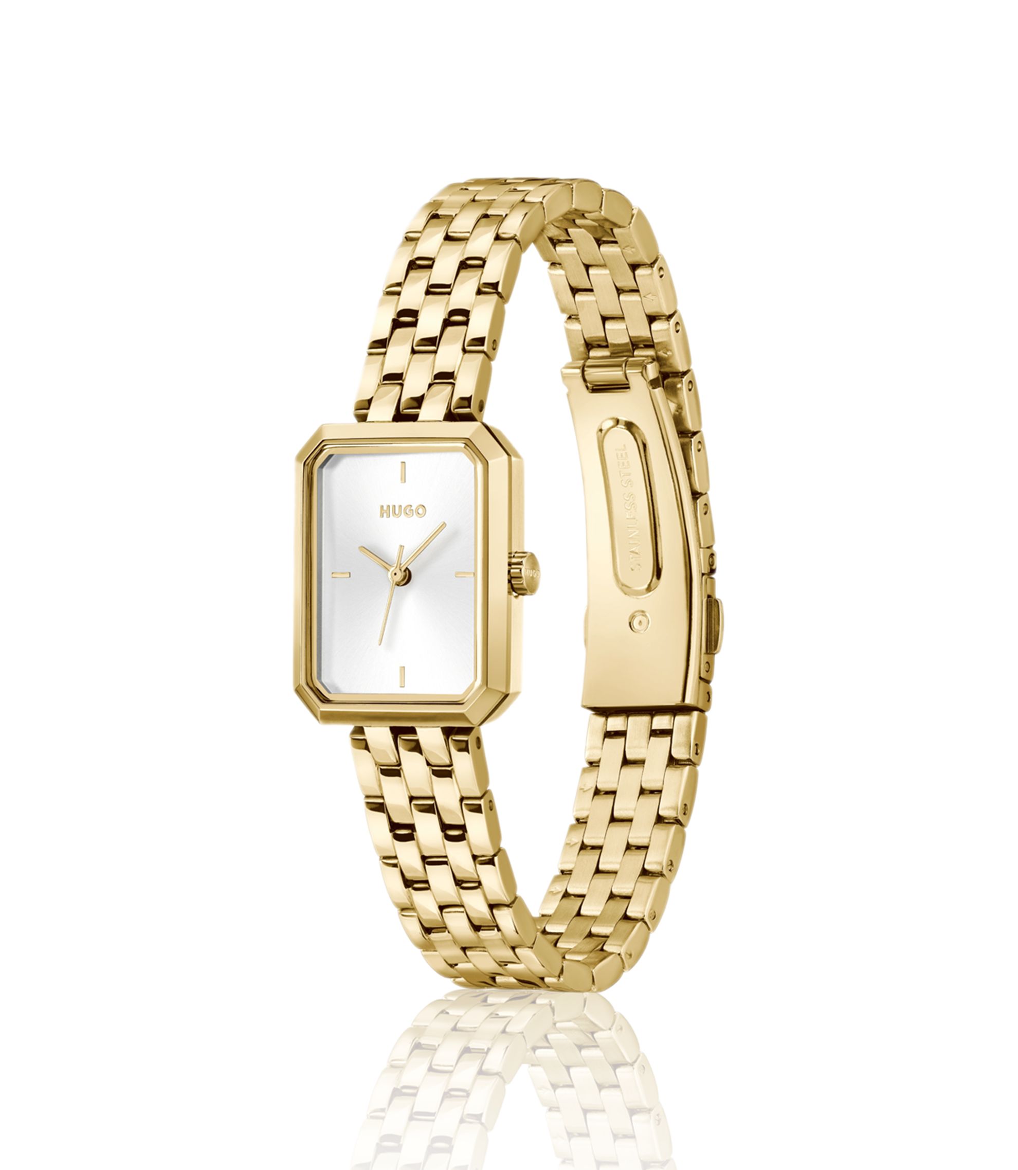 by HUGO Cuff Watch Silver Tone Rectangular Case Gold Snakeskin Band Japan Movt HUGO BOSS Rectangle Wristwatches for sale | eBay main image 3