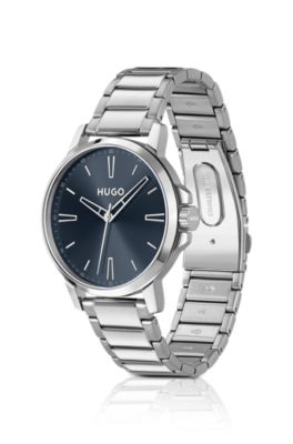Blue-dial watch with steel bracelet, Silver tone