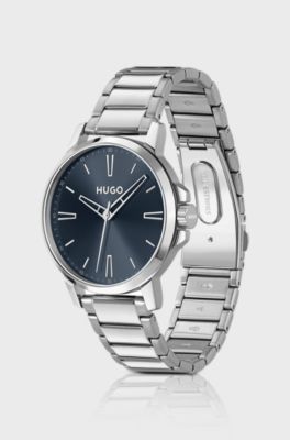 Blue-dial watch with steel bracelet, Silver tone