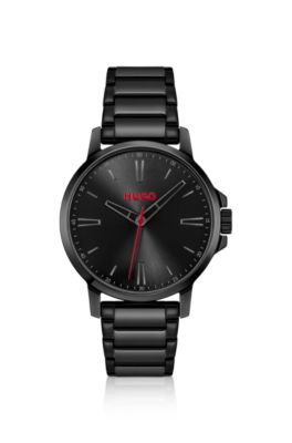 Black-plated watch with tonal steel bracelet, Black