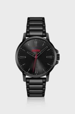 Black-plated watch with tonal steel bracelet, Black
