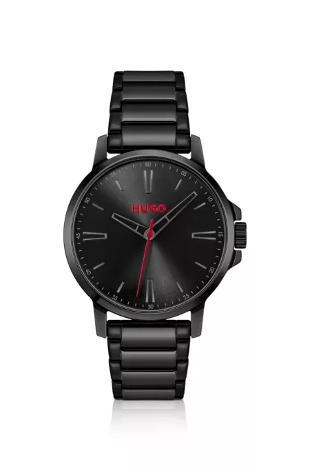 Black-plated watch with tonal steel bracelet