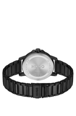 Black-plated watch with tonal steel bracelet, Black
