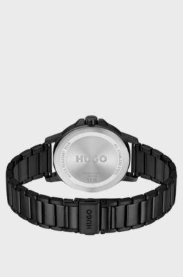 Black-plated watch with tonal steel bracelet, Black
