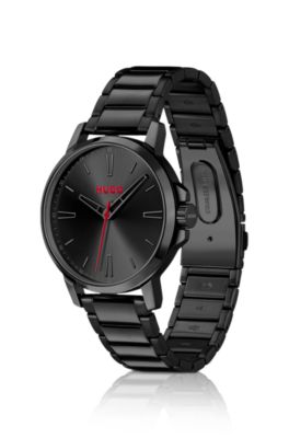 Black-plated watch with tonal steel bracelet, Black