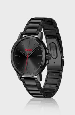 Black-plated watch with tonal steel bracelet, Black