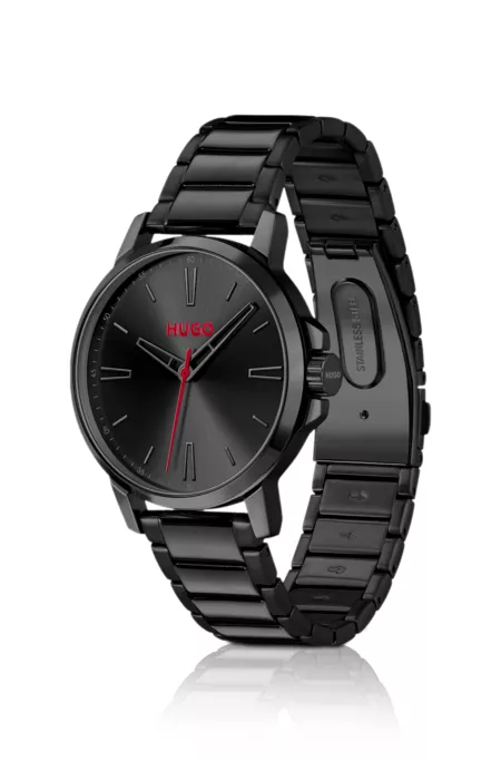 Black-plated watch with tonal steel bracelet