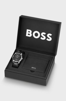 Textured-dial watch and card holder gift set, Black