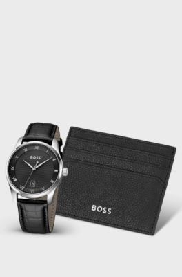 Textured-dial watch and card holder gift set, Black
