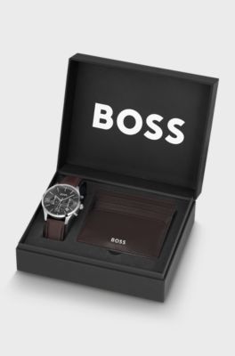 Chronograph watch and leather card holder gift set, Brown