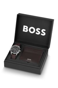 Chronograph watch and leather card holder gift set, Brown