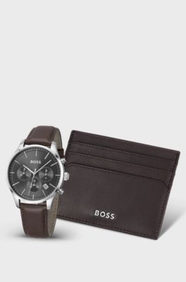 Chronograph watch and leather card holder gift set, Brown