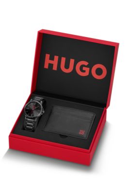 Black-plated watch and leather card holder gift set, Black