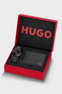 Black-plated watch and leather card holder gift set, Black