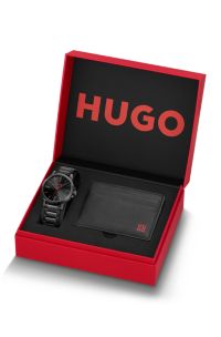 Black-plated watch and leather card holder gift set, Black