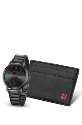 Black-plated watch and leather card holder gift set, Black
