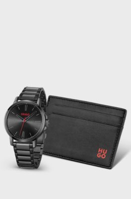 Black-plated watch and leather card holder gift set, Black