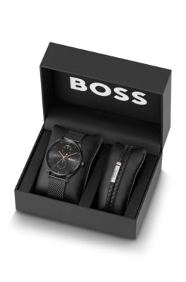 Tyler Mesh-bracelet watch and braided leather cuff gift set, Black