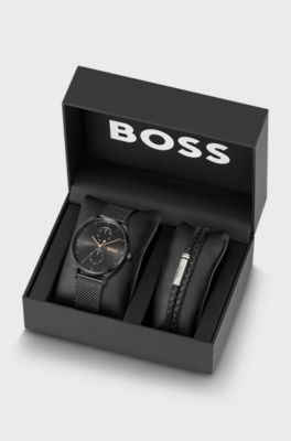 Tyler Mesh-bracelet watch and braided leather cuff gift set, Black