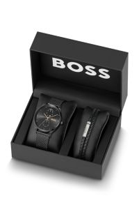 Tyler Mesh-bracelet watch and braided leather cuff gift set, Black