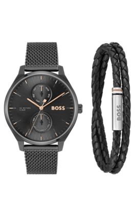 Tyler Mesh-bracelet watch and braided leather cuff gift set, Black